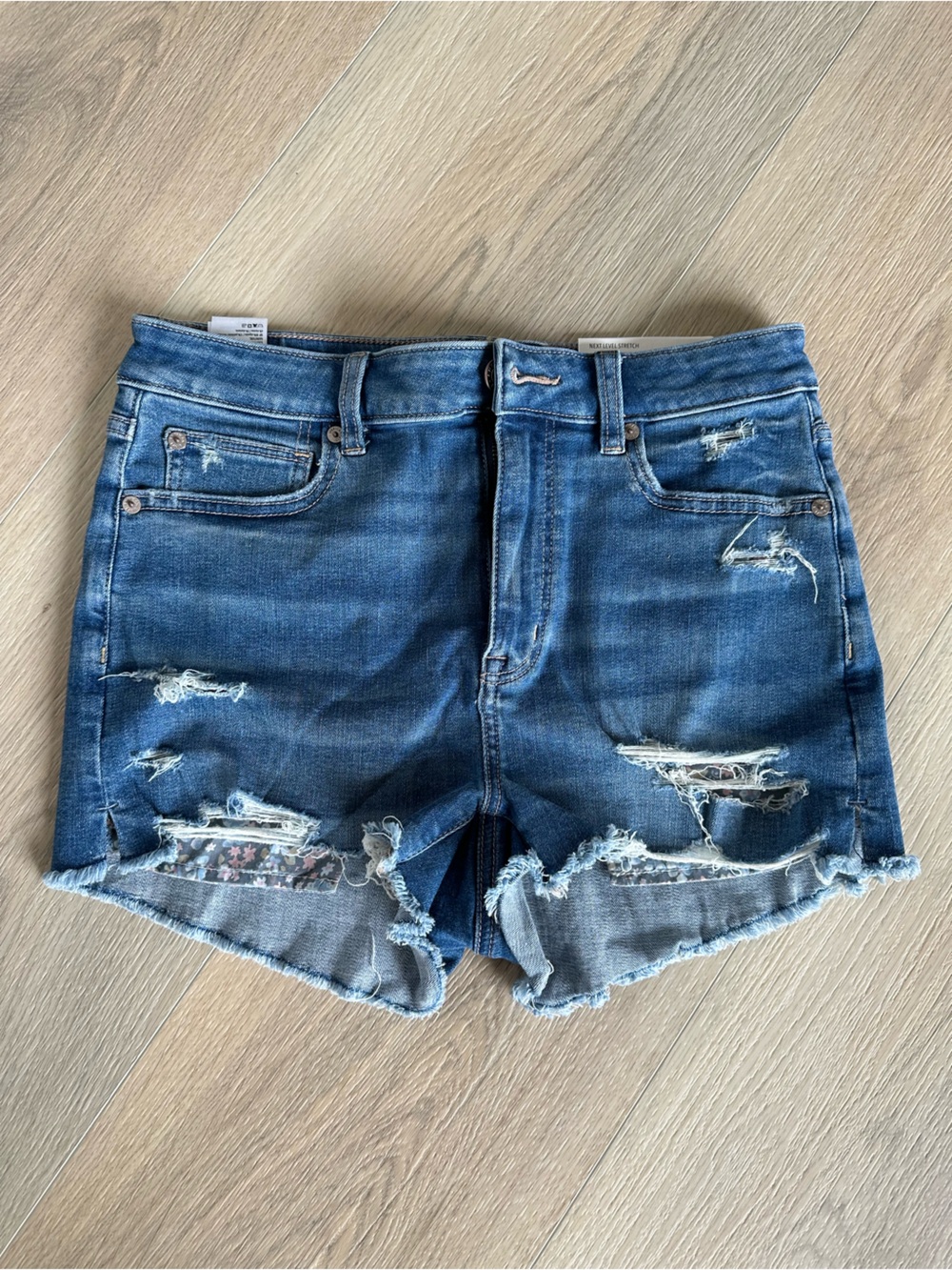 American Eagle Distressed Dark Blue Denim High Rise Shortie Shorts